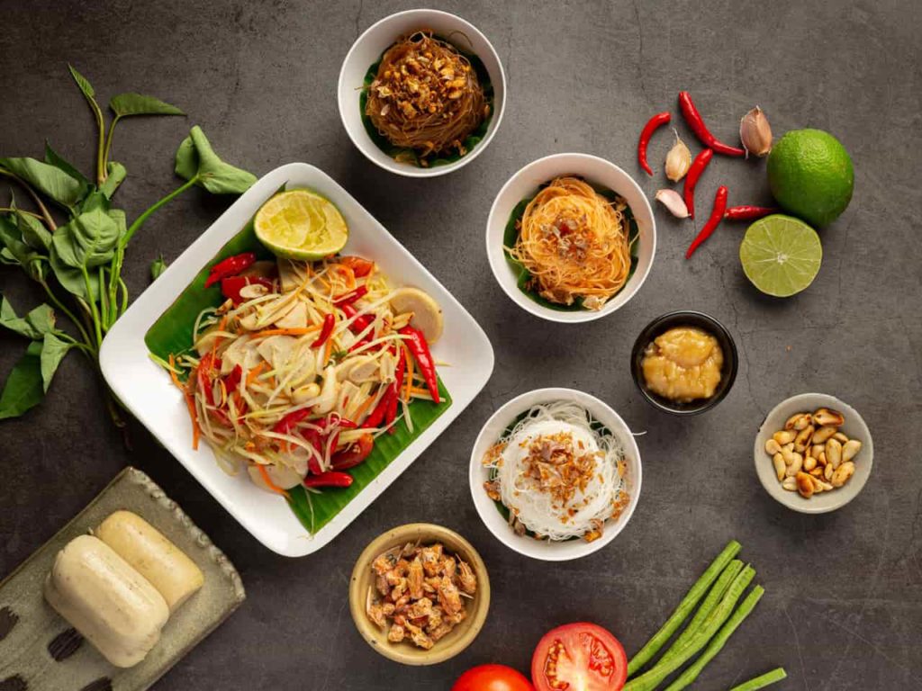 Papaya Salad Served with Rice Noodles Vegetable Salad Decorated with Thai Food Ingredients