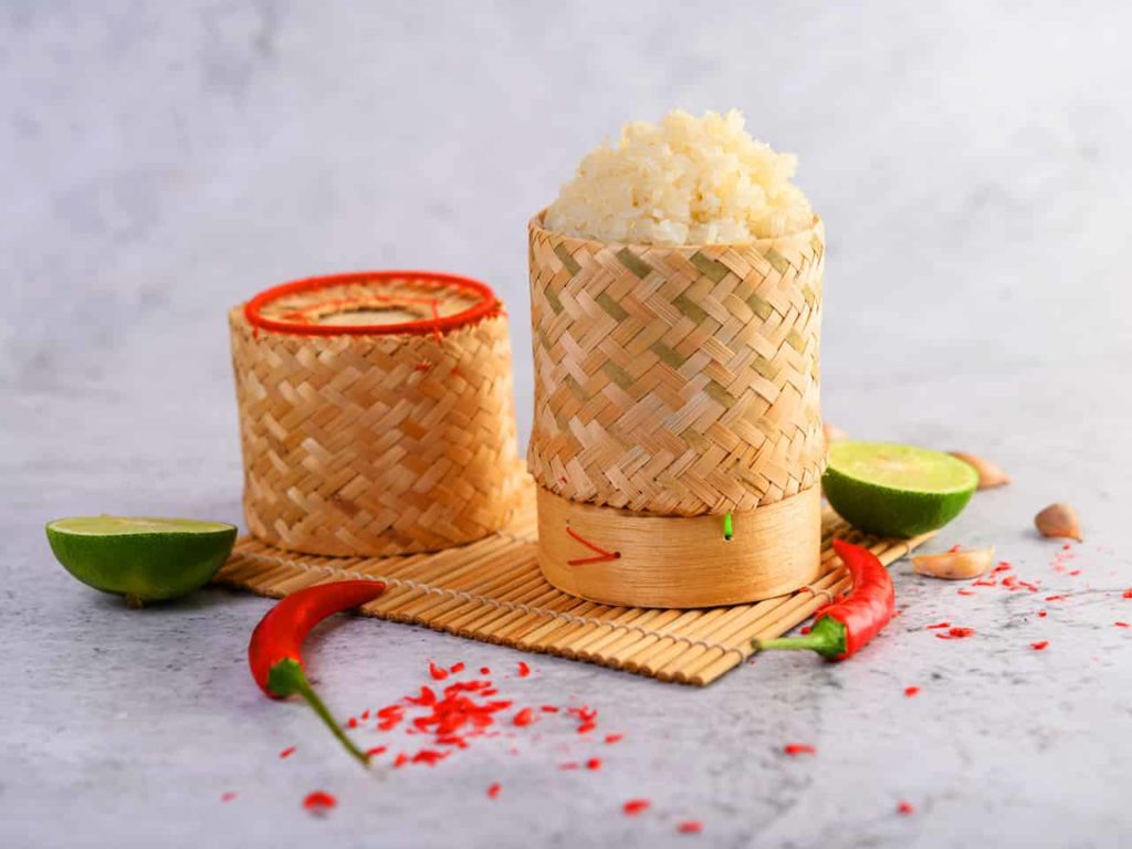 Thai Sticky Rice Woven Bamboo Basket Wooden Panel with Chilies Lime Garlic