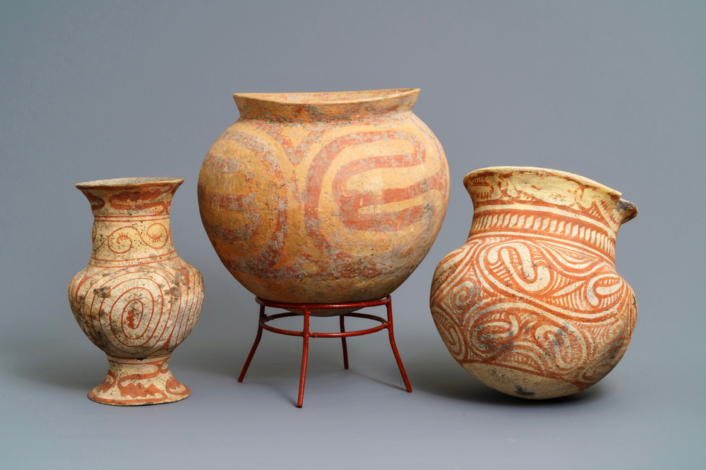 Three Red-On-Buff Painted Ceramic Pots Discovered at Ban Chiang (Late Period circa 600-500 BCE)