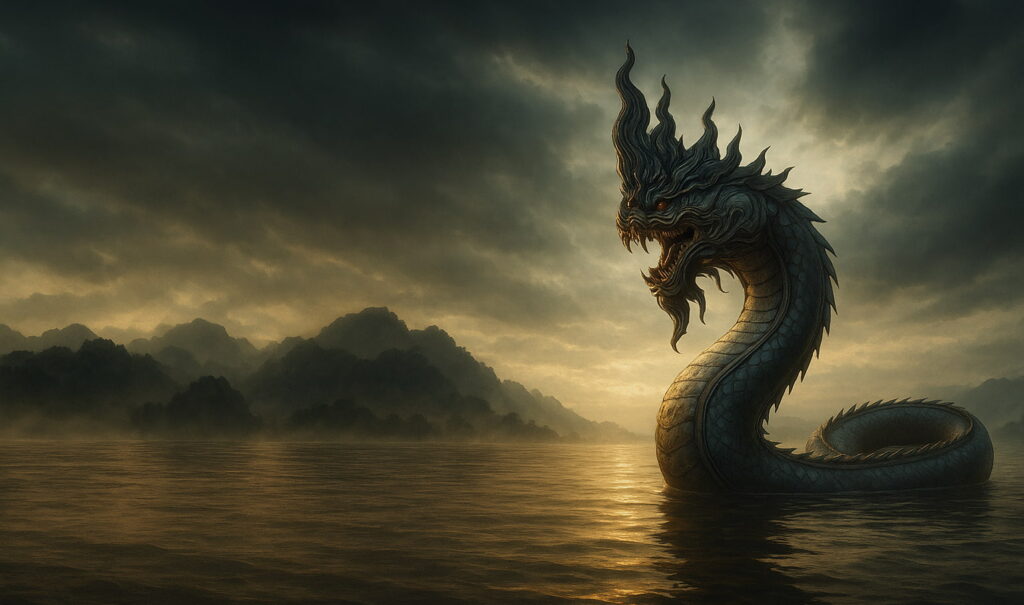 A majestic Naga serpent gliding through the calm waters of the Mekong River, with soft sunlight reflecting on the rippling surface and lush riverbanks in the background
