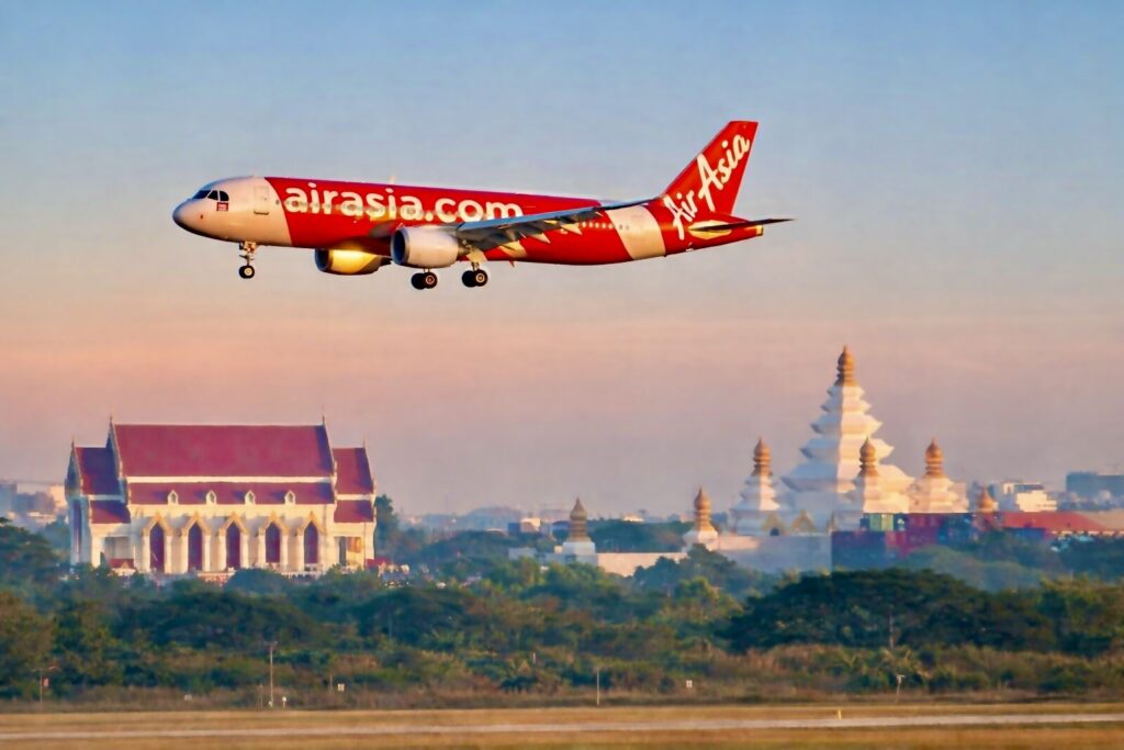 AirAsia plane taking off from Suvarnabhumi Airport Bangkok with Thai temple skyline, one of over 35 daily flights to Udon Thani
