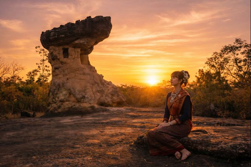The iconic Hor Nang Usa rock tower in Phu Phra Bat Historical Park, a UNESCO World Heritage site in Thailand. The natural sandstone formation, resembling a giant mushroom, stands prominently under a golden-hour sunset. To the right, a tourist in traditional dress sits mediating and absorbing the atmosphere and connecting with the spiritual nature of the location