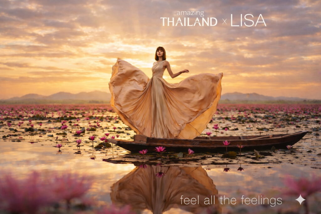 Lisa of BLACKPINK standing on a wooden boat at Red Lotus Lake in Thailand during sunset, surrounded by pink lotus flowers.