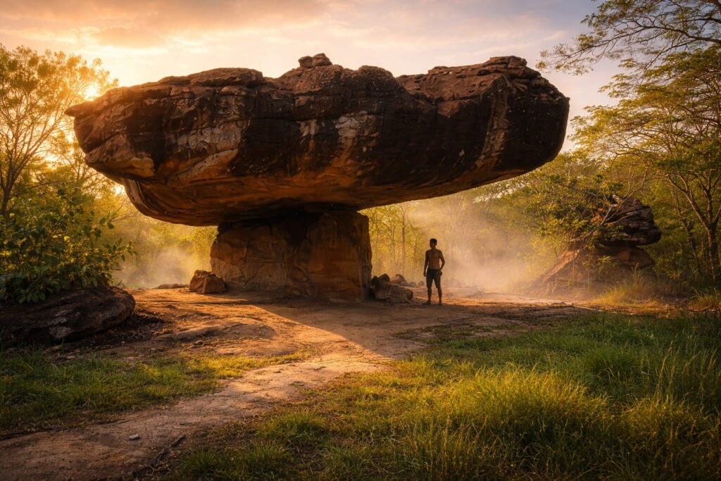The Mushroom Rock sandstone formation at Phu Phra Bat Historical Park in Udon Thani, Thailand, rising above the forest in early morning light.