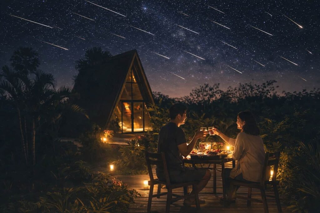 Couple having a barbecue dinner outside a glowing A-frame glamping cabin under a meteor shower at night at Nakara Villas & Glamping