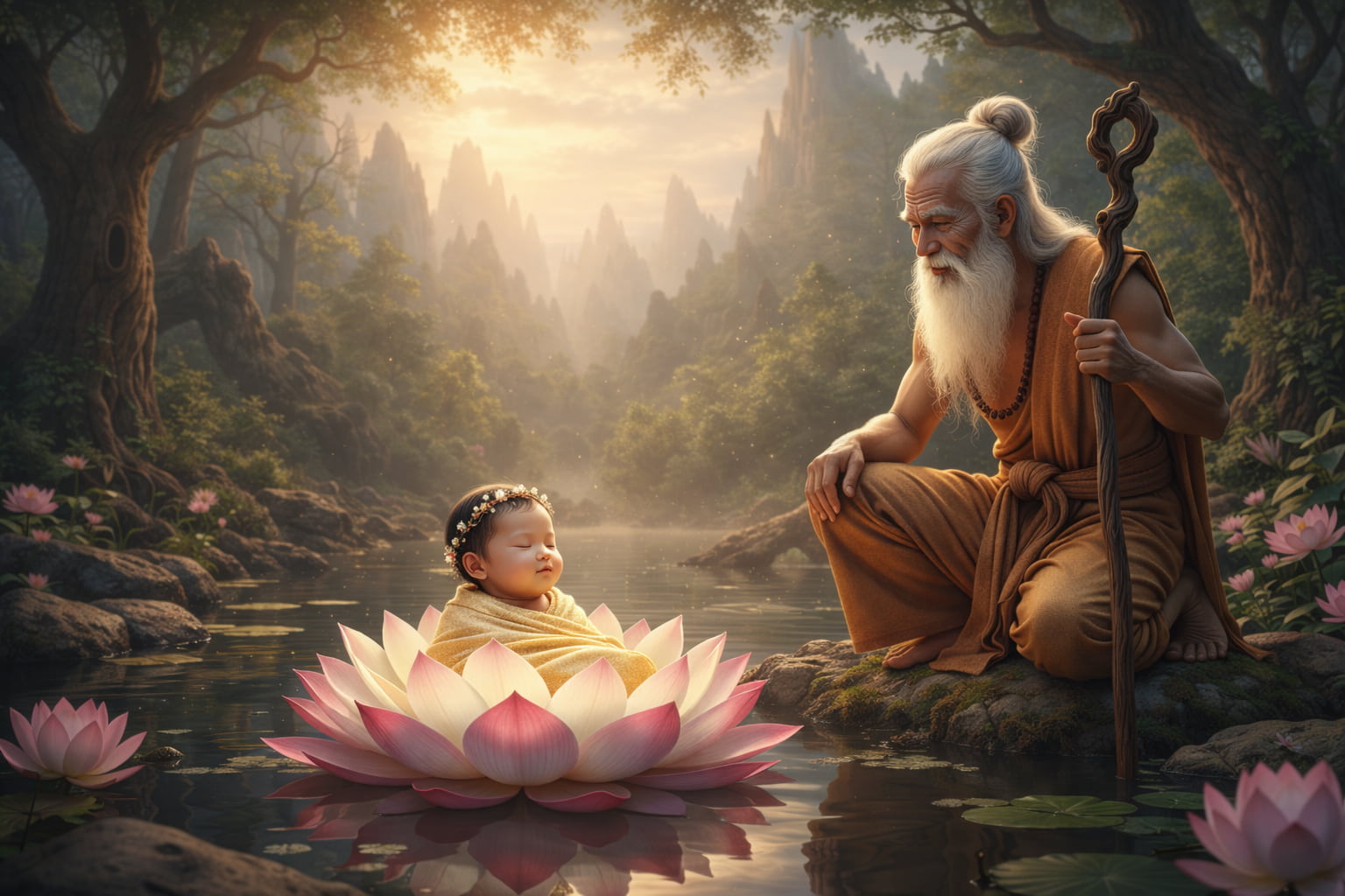 A newborn girl resting in a lotus flower beside a forest pool at Phu Phrabat in Isan, discovered by the hermit Ruesi Chanta, inspired by a 13th-century Thai legend.