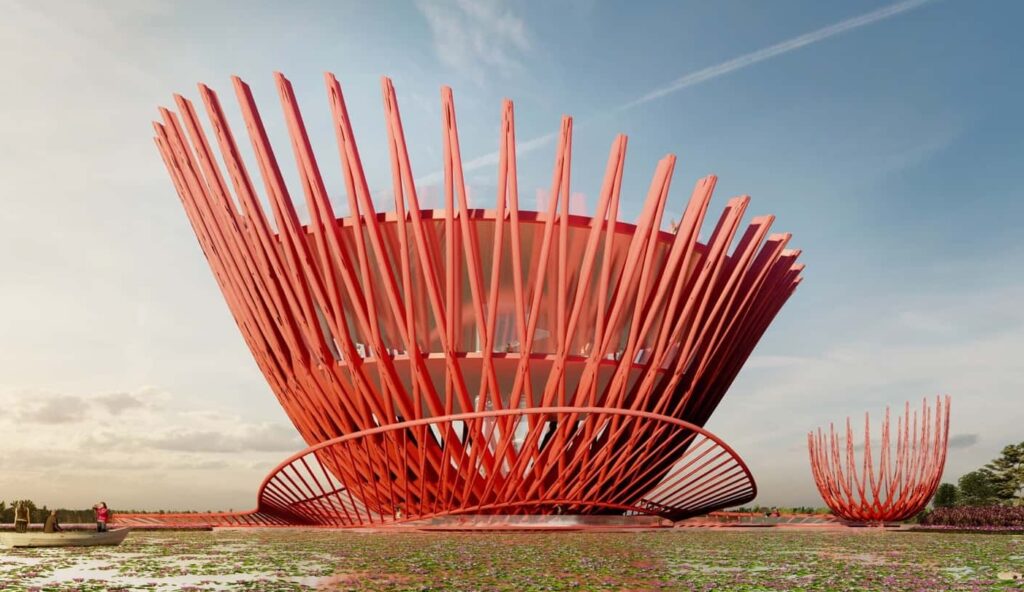 Red lotus inspired pavilion at Udon Thani Horticultural Expo 2026 Thailand set within wetland landscape