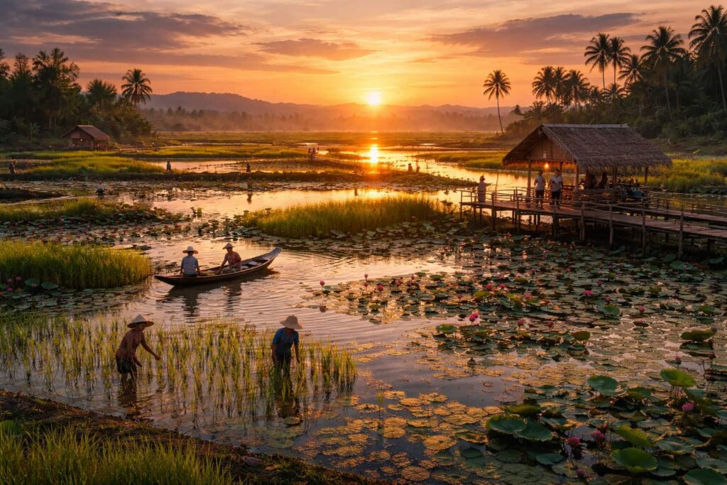 Serene wetland landscape in Isan, Thailand with calm water, lush greenery, and golden sunset light reflecting on the marsh; the inspiration for the 2026 Horticultural Expo at Udon Thani